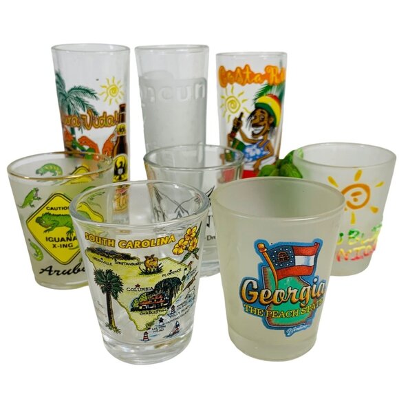 VTG Souvenir Shot Glass Collection Lot of 8 Destination Vacation Spots Mancave - Picture 1 of 11